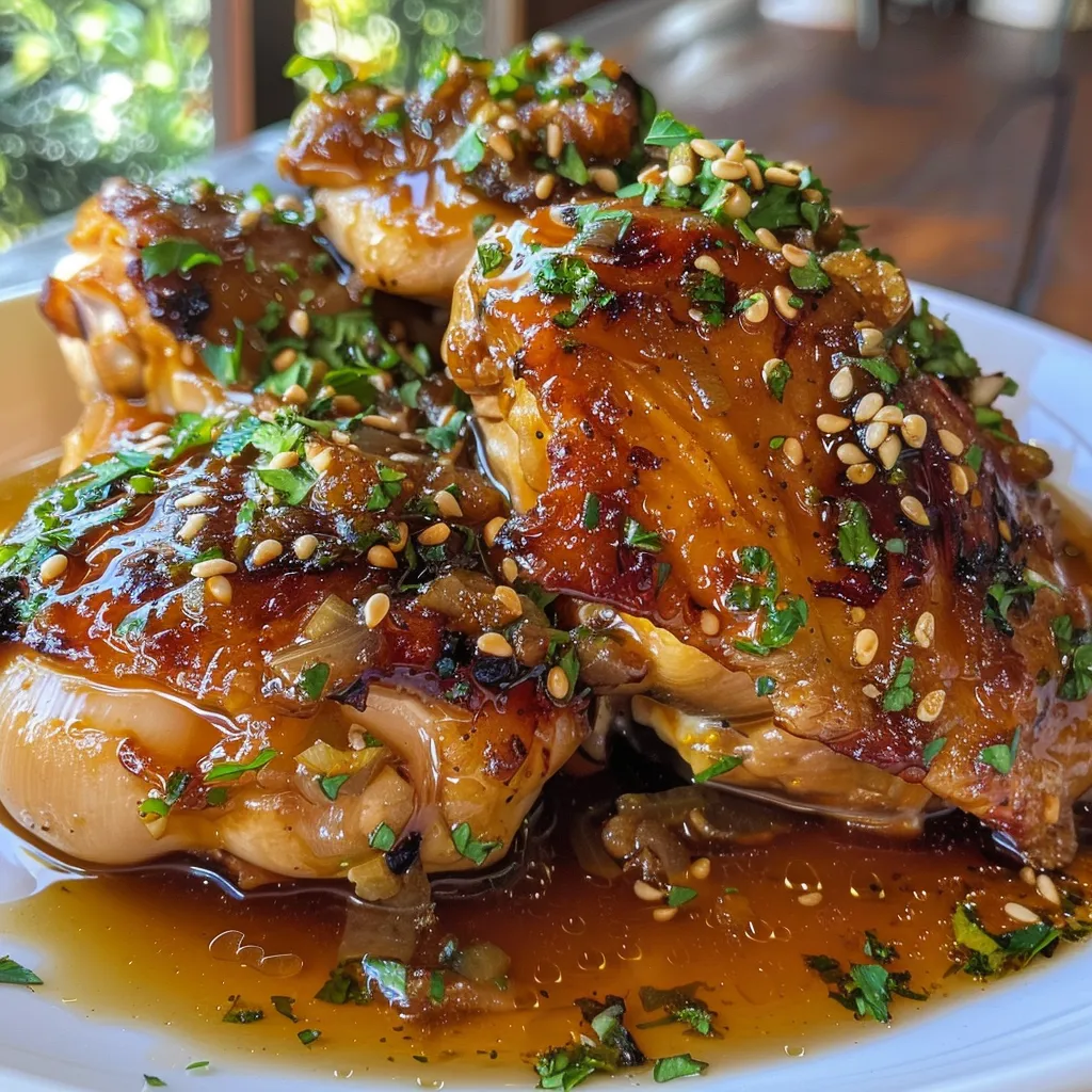 Primer plano de un trozo de pollo glaseado, con un brillo caramelizado.