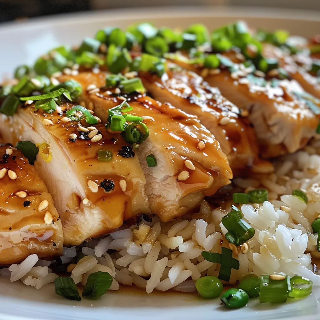 Contramuslos de pollo glaseados, arroz y ingredientes visibles en la imagen.