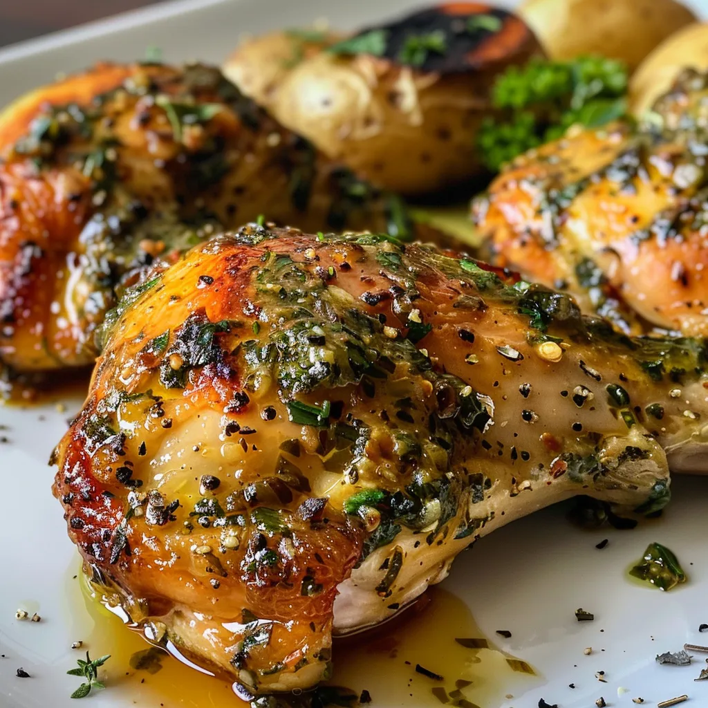 Pechugas de pollo con hierbas, ajo y guarniciones.