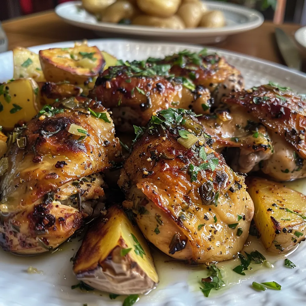 Pollo Hierbas Ajo presentado con papas y judías verdes.