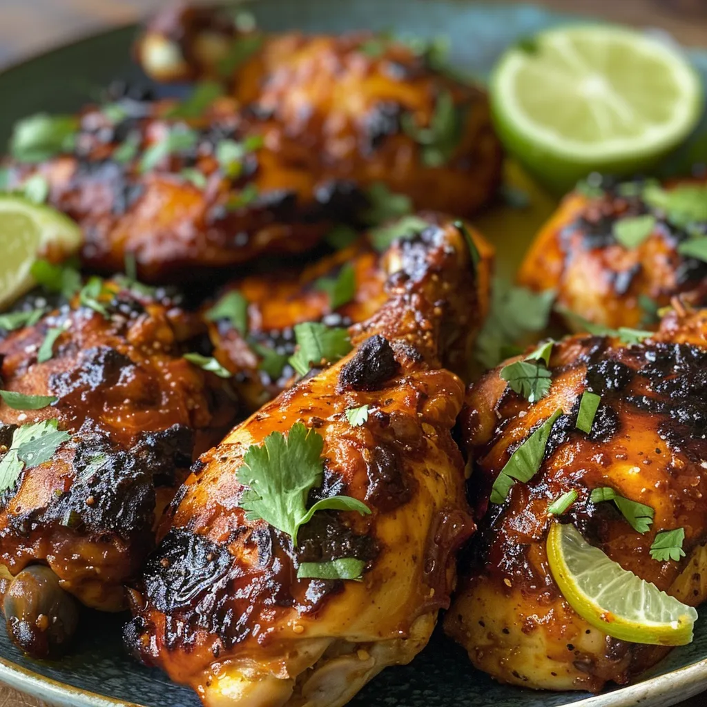 Muslos de pollo a la parrilla con glaseado dorado, acompañados de rodajas de lima.