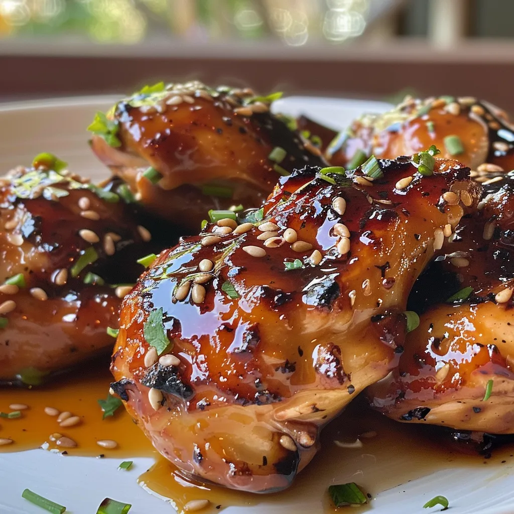 Muslos de pollo glaseados con miel y salsa de soja, con especias visibles.