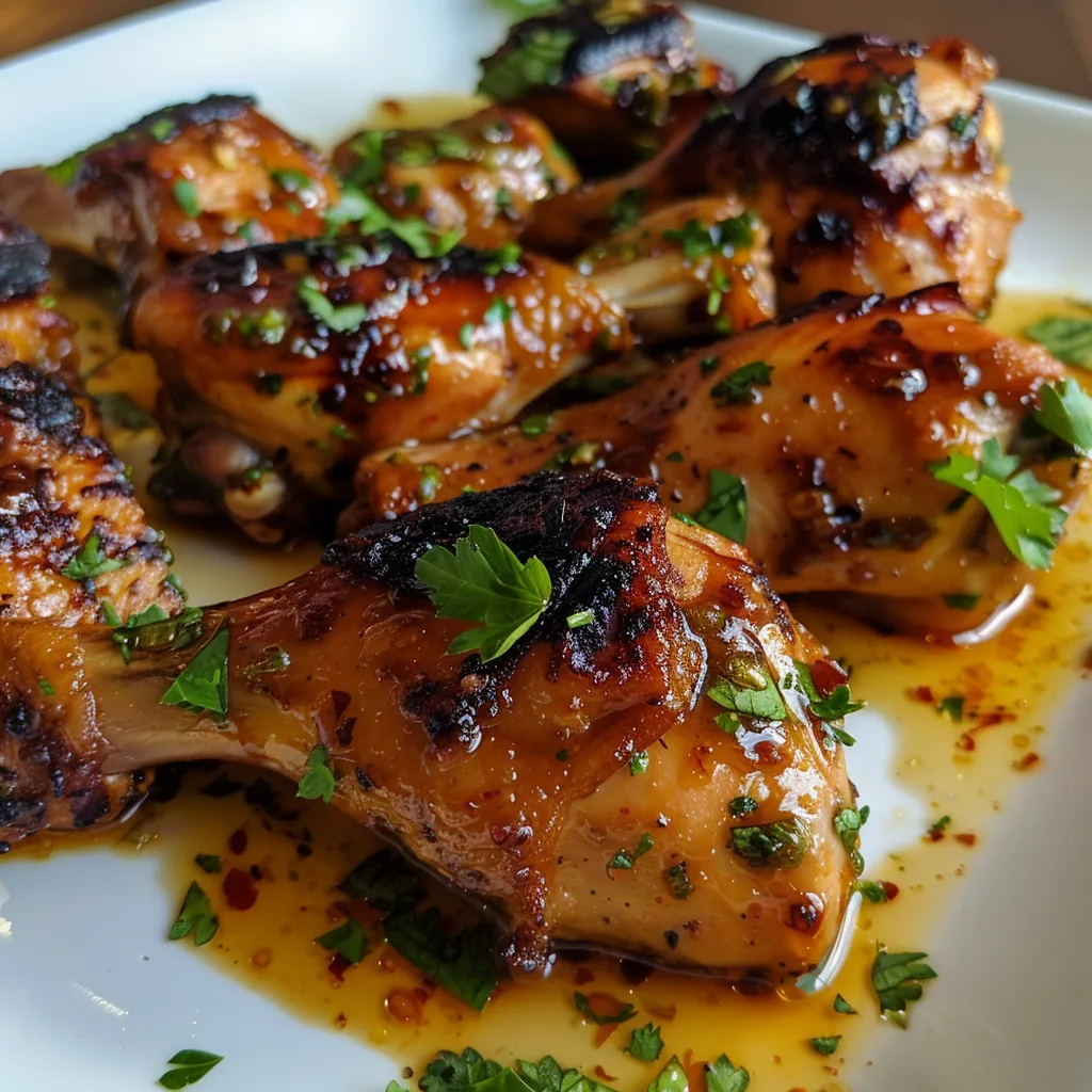 Close-up de pollo marinado en miel y salsa de soja, acompañado de ajo y jengibre.