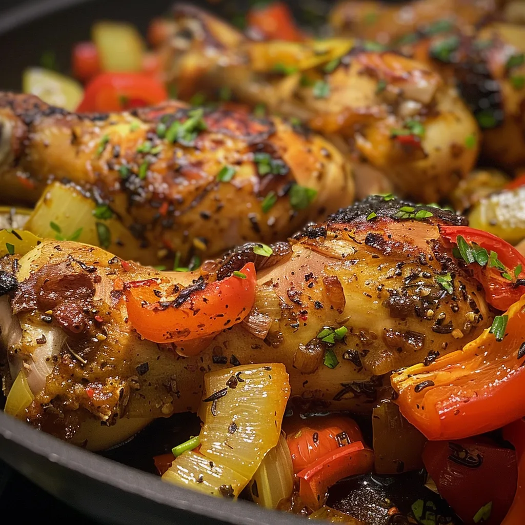 Vista lateral de un plato de Pollo primavera con verduras coloridas y bien presentadas.