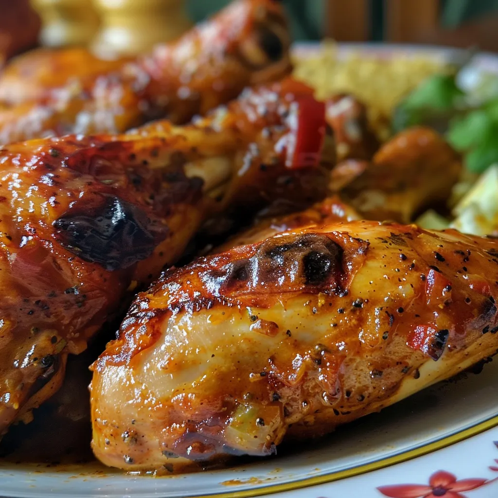 Vista lateral de sovracosce de pollo marinados, con ingredientes visibles.