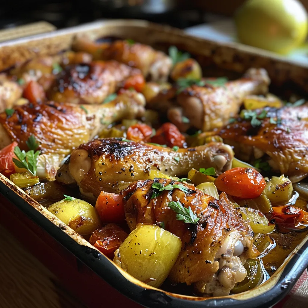 Primer plano de pollo y calabacín al horno con pimientos y cebolla.