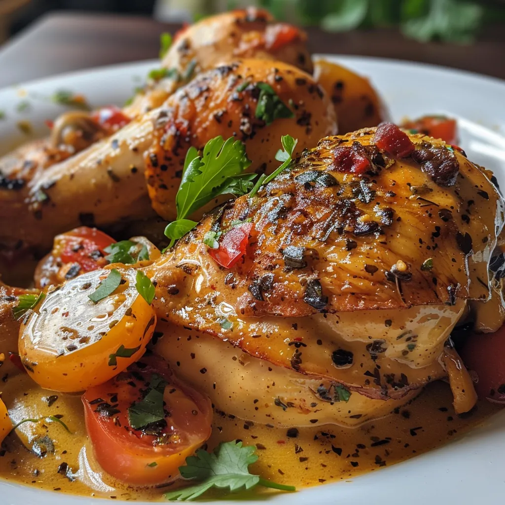 Primer plano de Poulet Coco Réunionnais presentado en un plato.