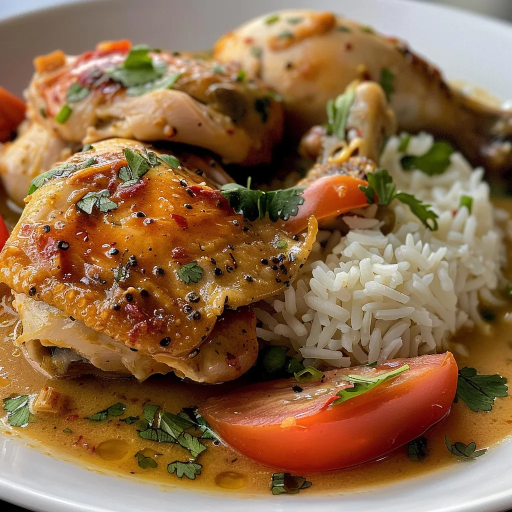 Vista lateral de un delicioso Poulet Coco con salsa de coco.