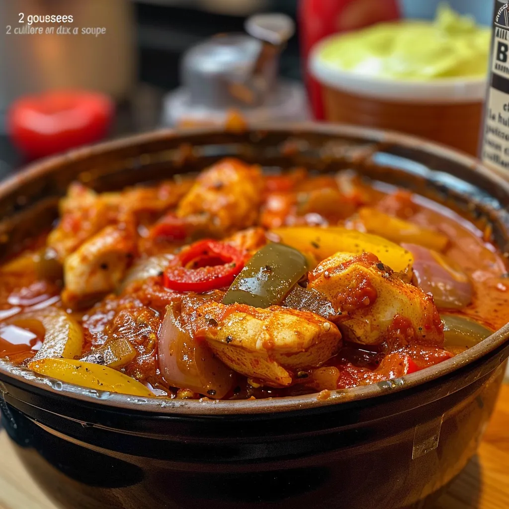 Primer plano de un plato de Poulet Chili Tex-Mex con pollo jugoso y coloridos ingredientes.