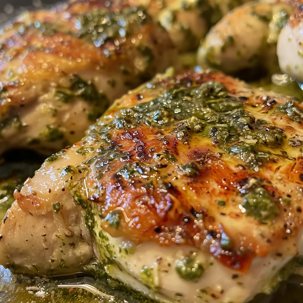 Primer plano de pollo al pesto, mostrando su textura y color vibrante.