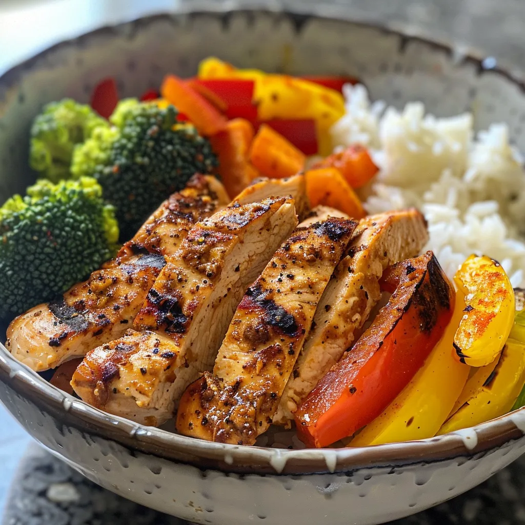 Primer plano de un tazón balanceado con pollo, verduras y arroz.