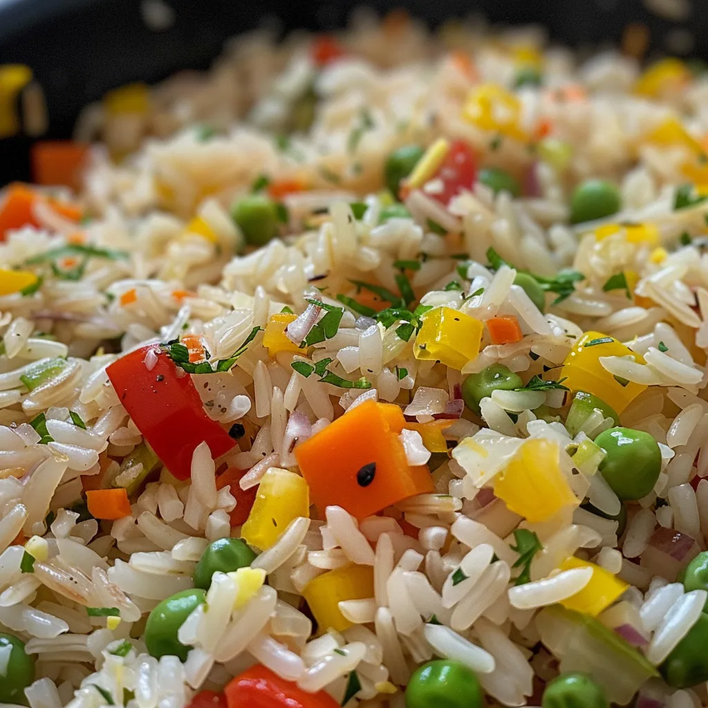 Tazón de arroz vegetal con verduras coloridas y especias.