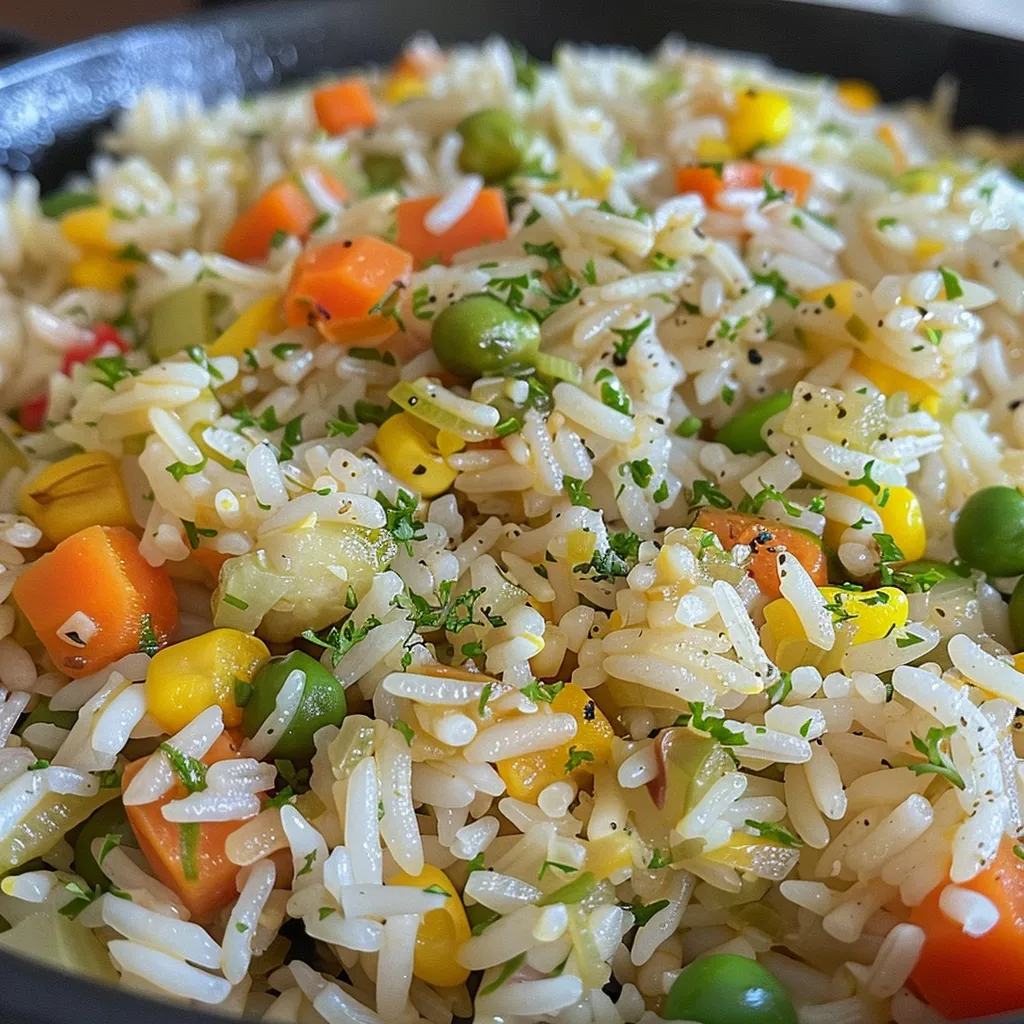 Close up de un plato de arroz con vegetales y cebolla picada.