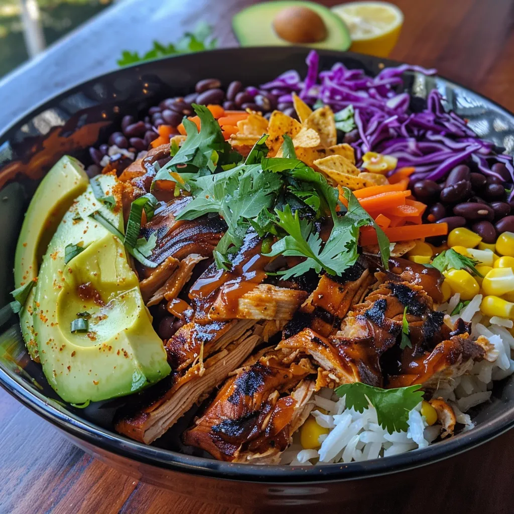 Tazón de pollo BBQ con arroz, col y aguacate.