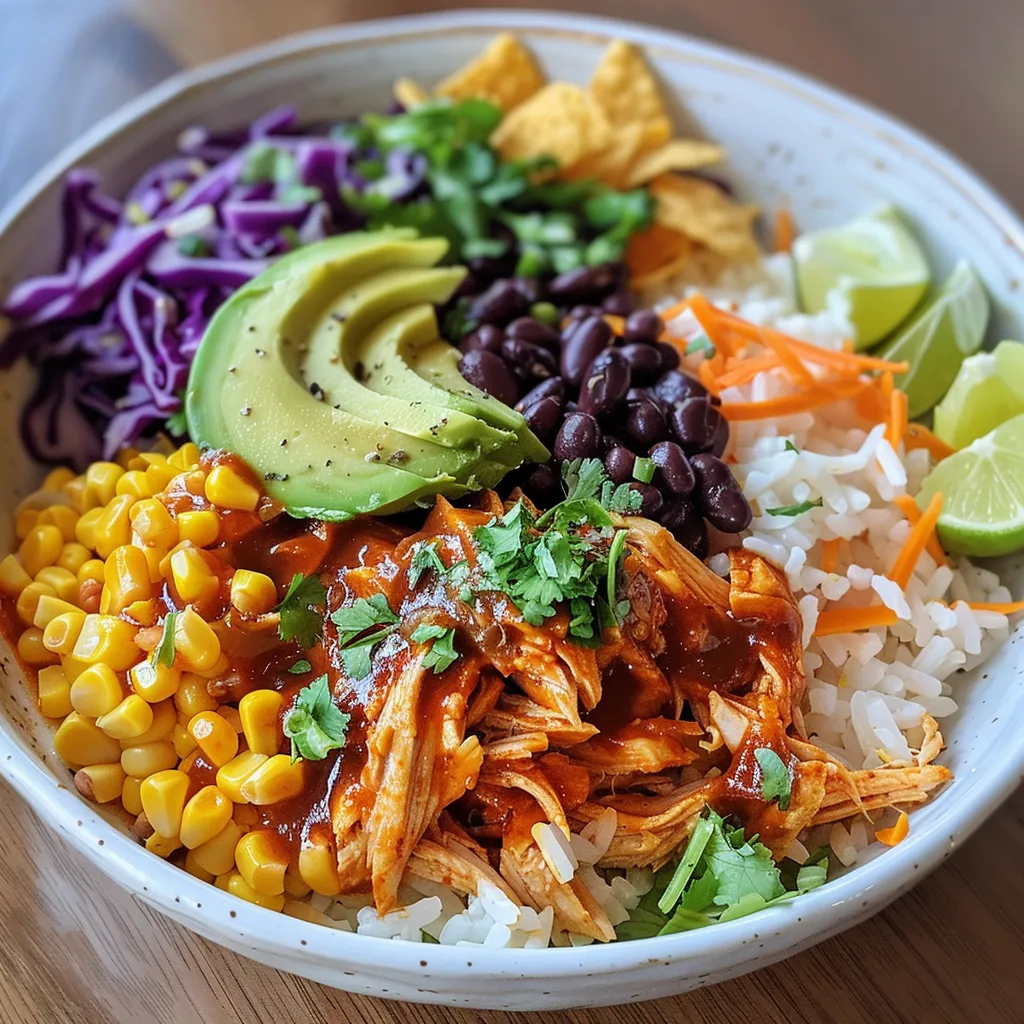 Primer plano de un tazón de pollo con BBQ y vegetales frescos.