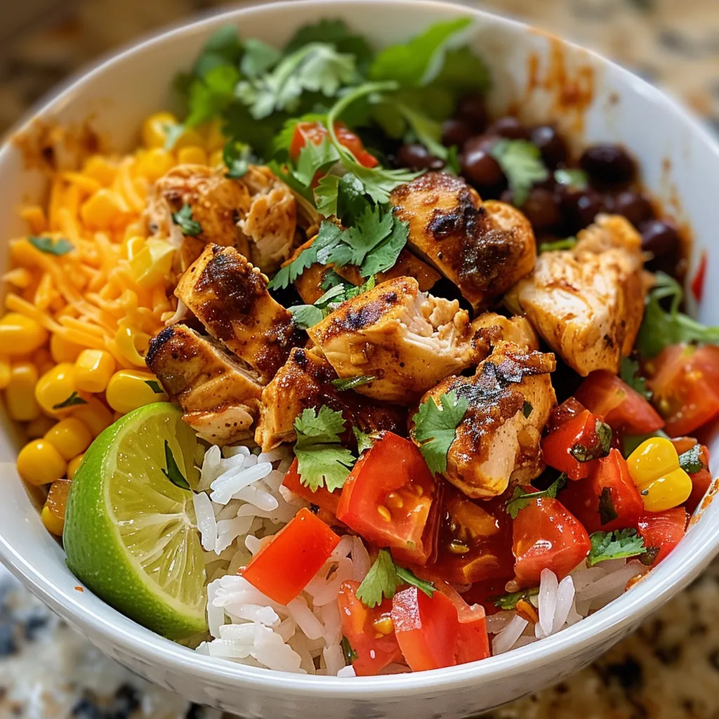 Tazón de burrito con pollo, arroz, frijoles y maíz en una mesa de madera.