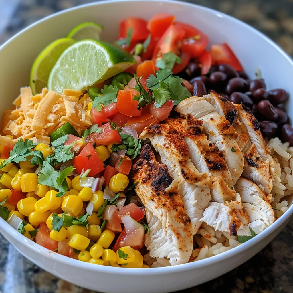 Primer plano de un delicioso burrito bowl con ingredientes frescos y coloridos.