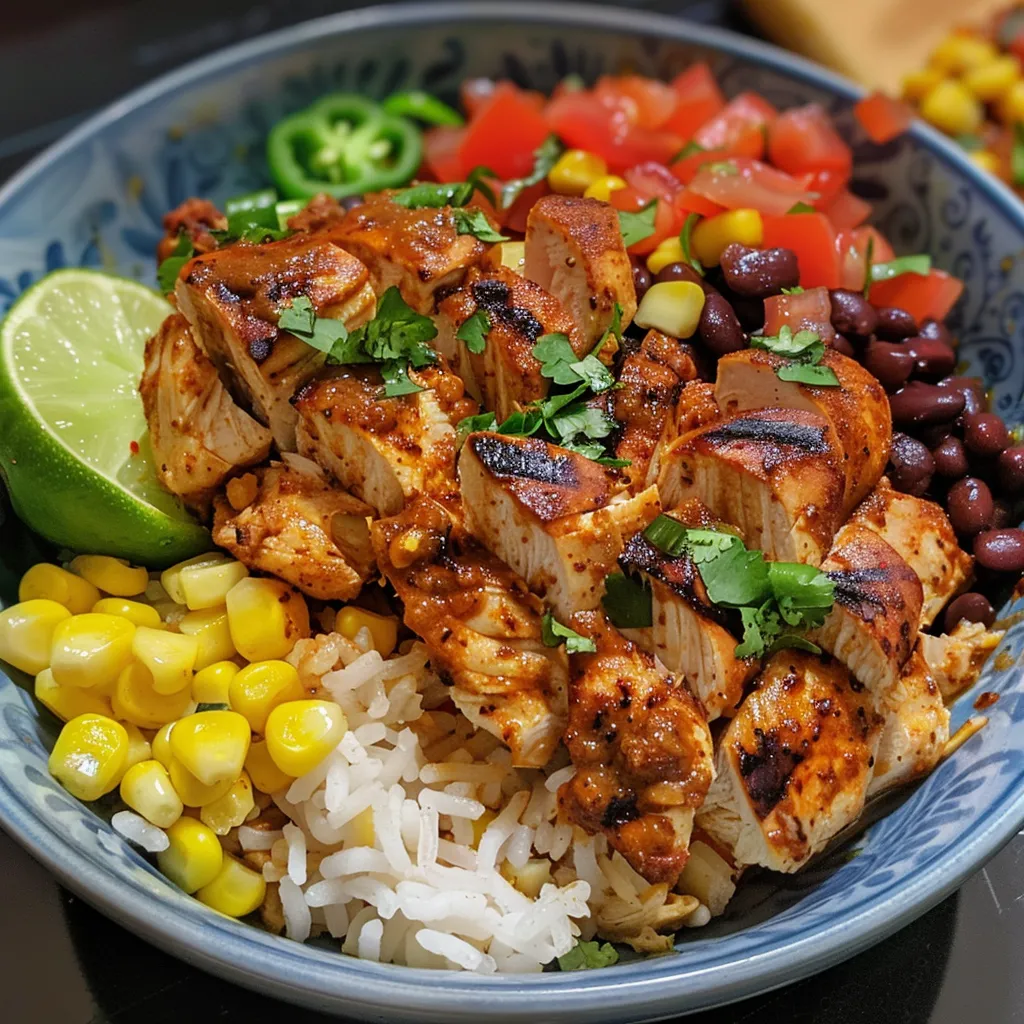Tazón de pollo Tex-Mex fresco con arroz, frijoles negros y verduras.