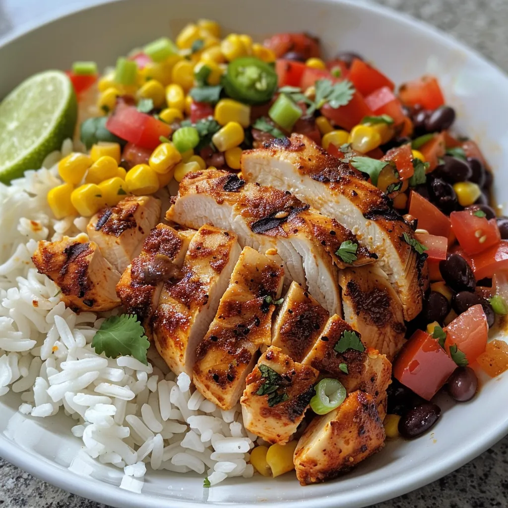 Tazón lleno de pollo jugoso, maíz y salsa con un toque de lima.