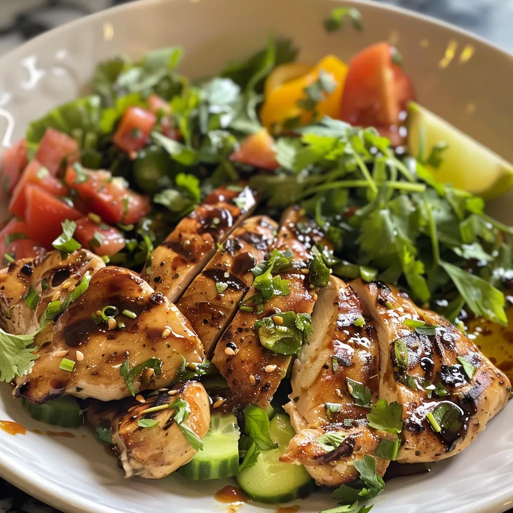 Ensalada de pollo tailandesa con tiras de pollo, zanahorias y pimientos.