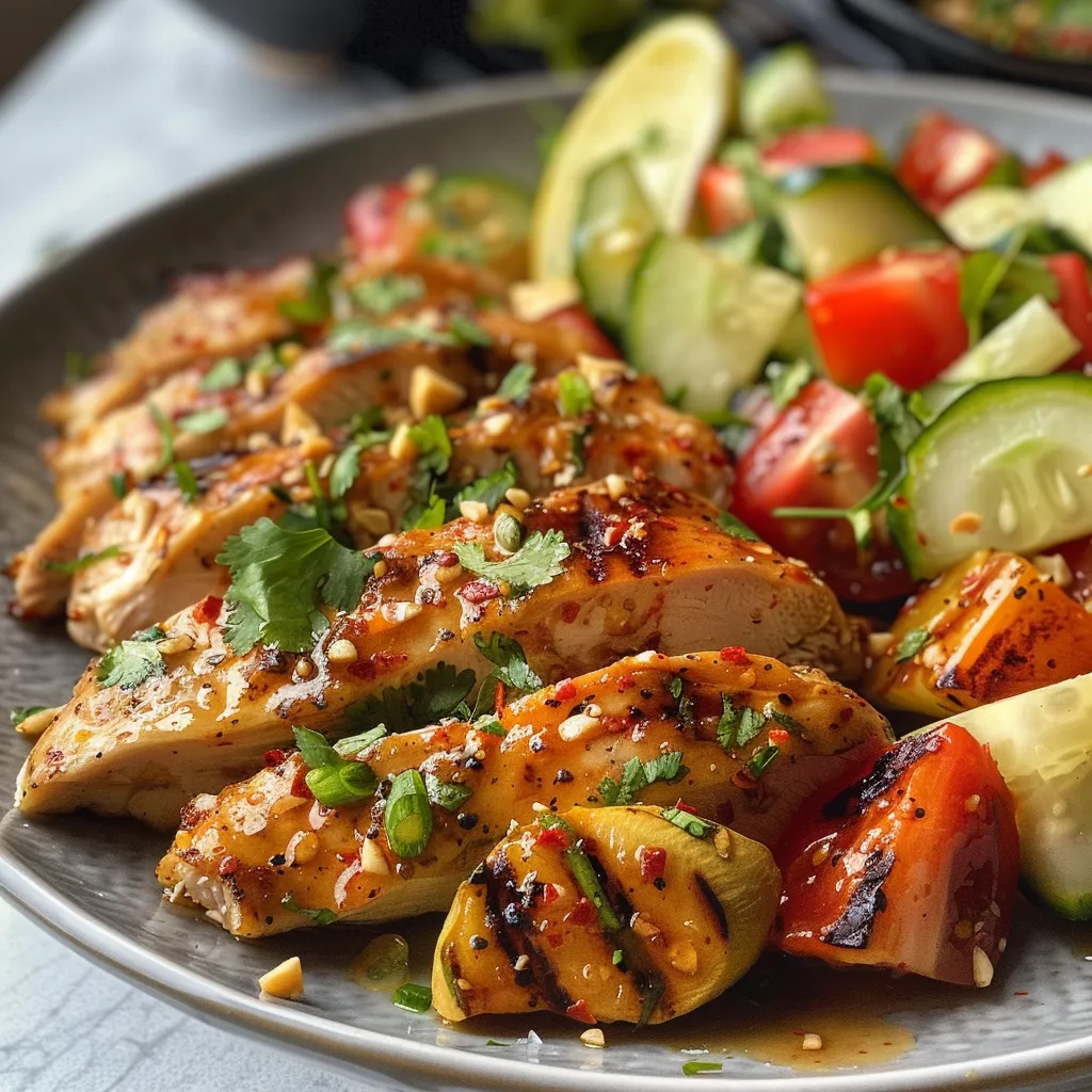 Plato colorido de Salade de Poulet Thaï con ingredientes frescos.