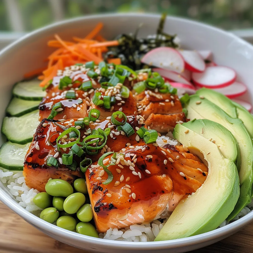 Cuenco de salmón visto de lado, con ingredientes coloridos y apetitosos.