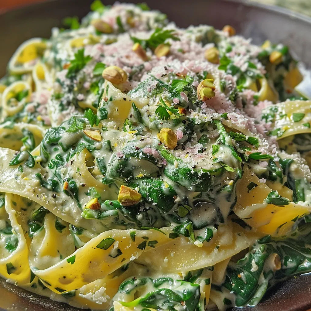 Salsa cremosa de espinacas en un plato blanco con tagliatelle.
