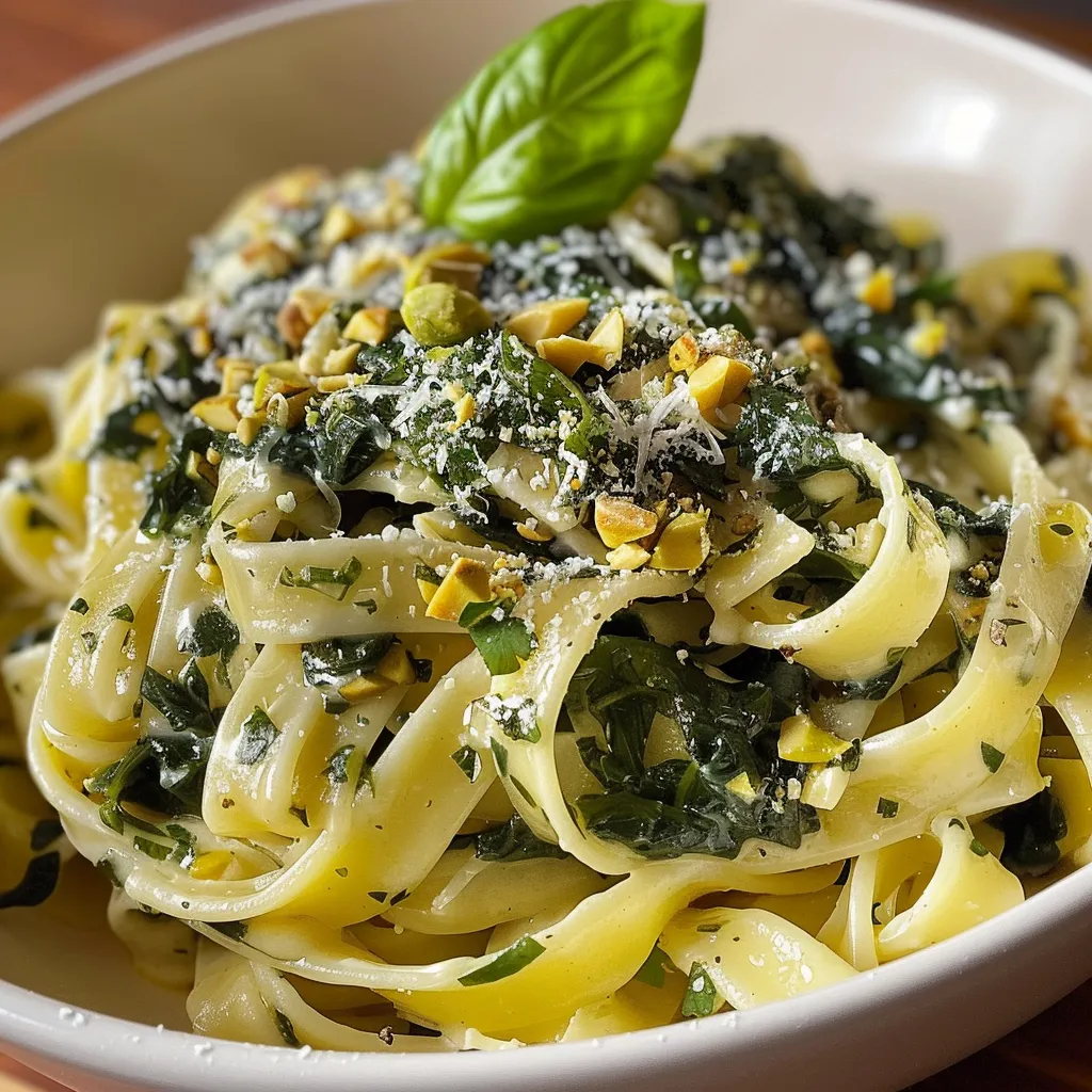 Pasta con salsa de espinacas y pistachos en un fondo rústico.