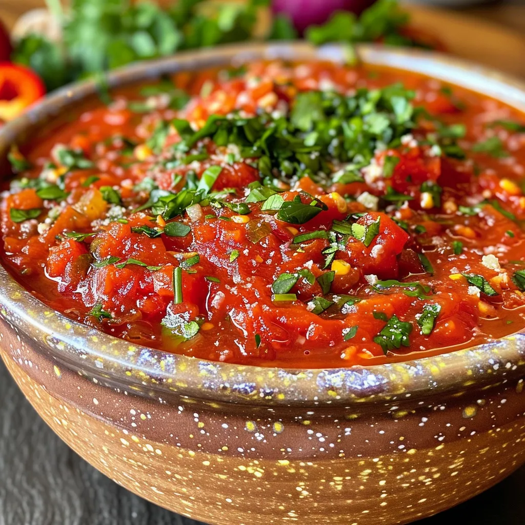 Salsa roja espesa y cremosa con trozos de jitomate y queso.