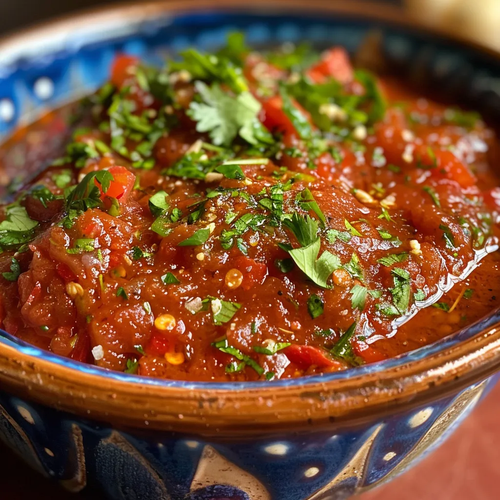 Primer plano de salsa roja para espagueti, con ingredientes frescos visibles.