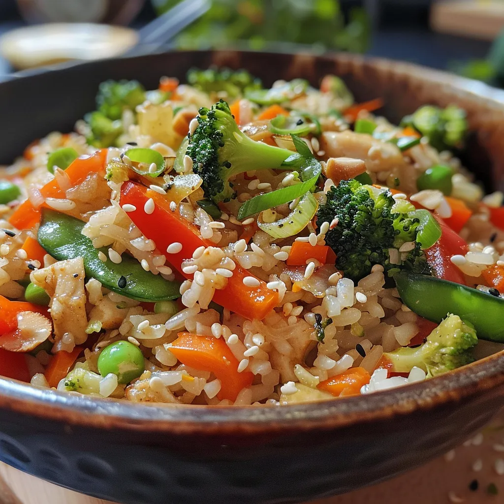 Un plato de arroz salteado con verduras brillantes, servido con guiños de cebollín y semillas de sésamo.