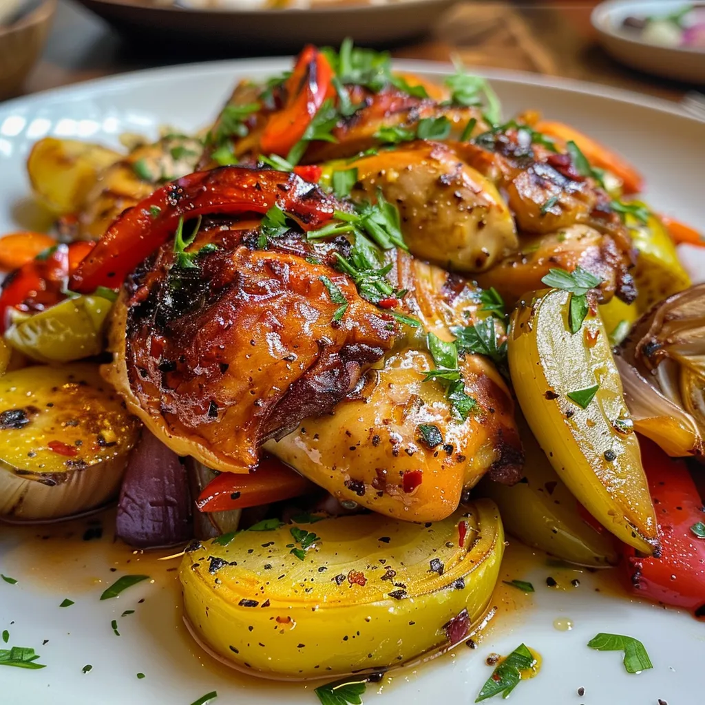 Un plato de salteado de pollo con verduras frescas y coloridas.