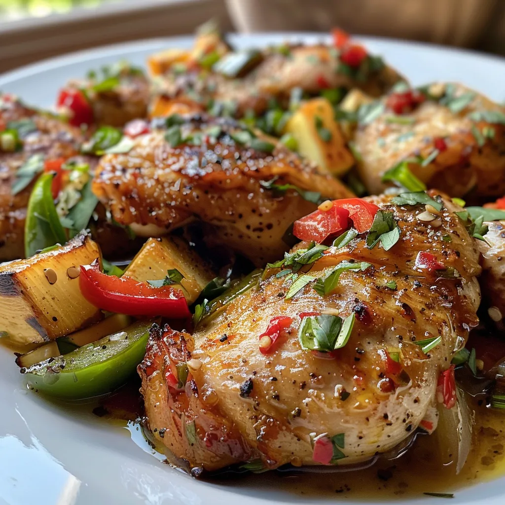 Primer plano de salteado de pollo con tiras de verduras brillantes.