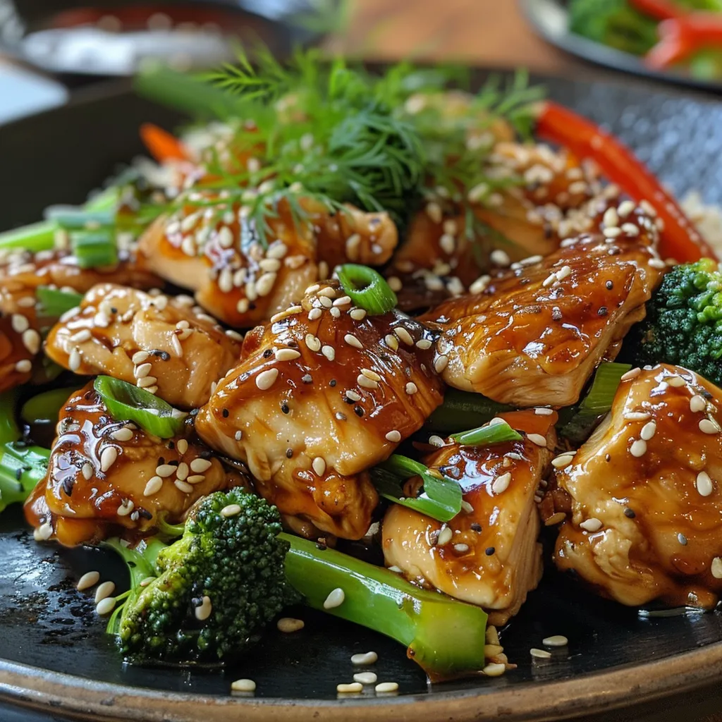 Close-up of a juicy Salteado de Pollo Teriyaki with colorful vegetables.