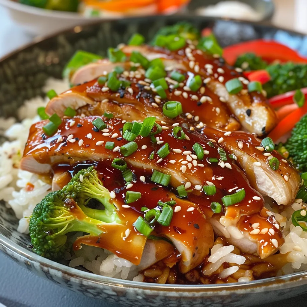 Side view of stir-fried chicken teriyaki with vibrant peppers and broccoli.