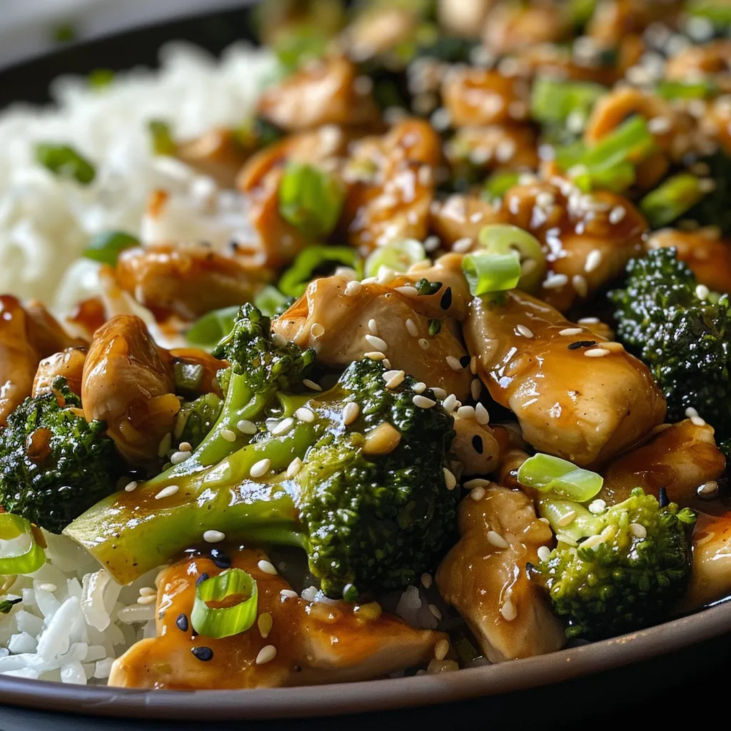 Vista lateral de un delicioso salteado de pollo y brócoli, con salsa brillante y arroz al lado.