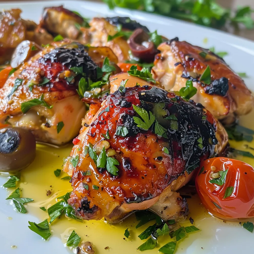 Primer plano de un plato colorido de Salteado Mediterráneo Pollo con ingredientes frescos.