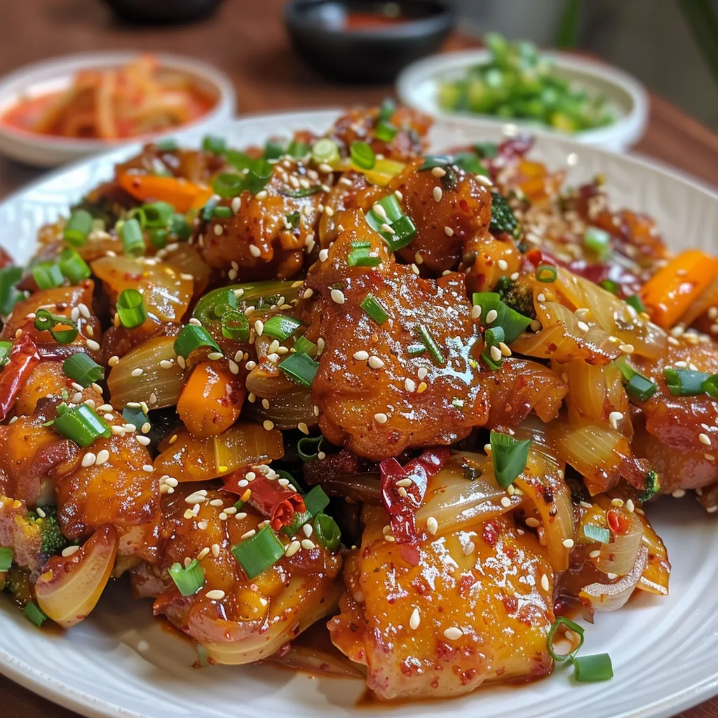 Close-up of a vibrant Korean-style spicy chicken stir-fry with colorful vegetables.