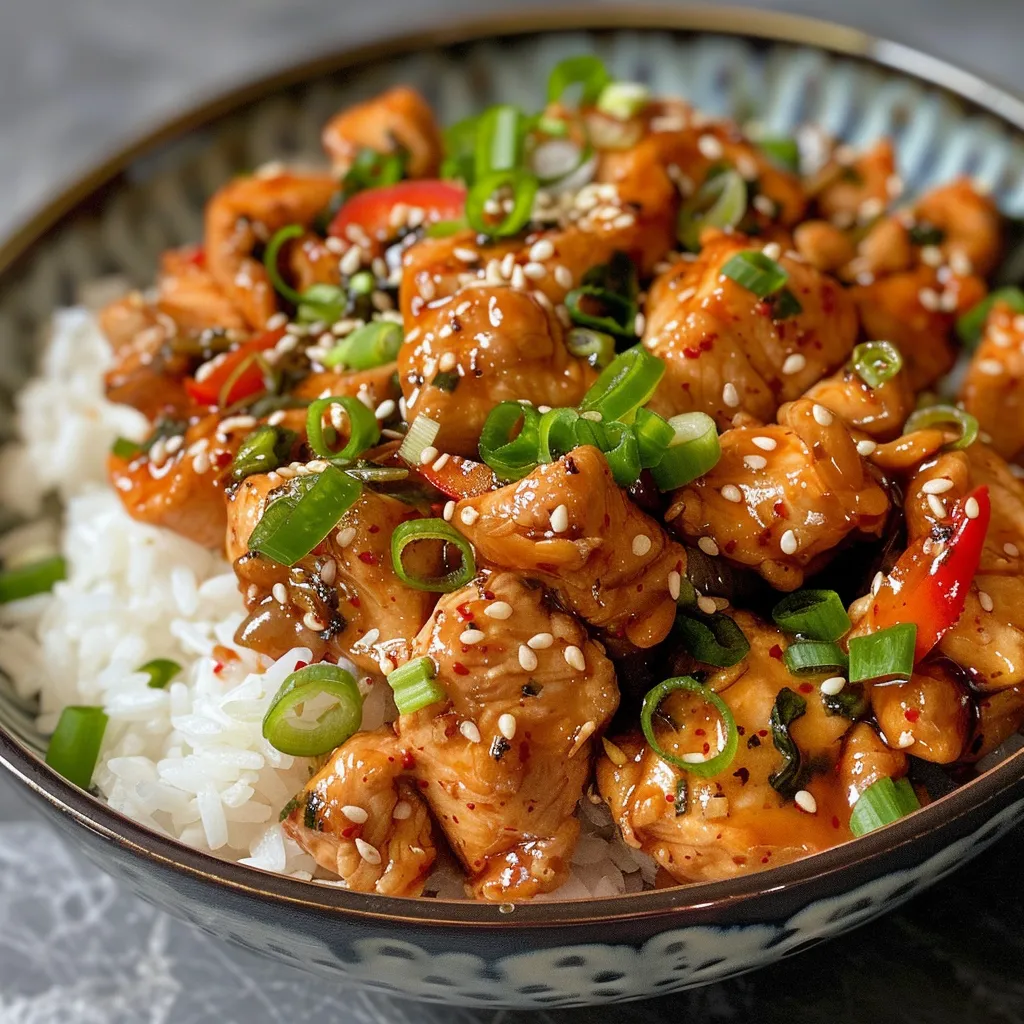 Juicy pieces of chicken and fresh vegetables in a Korean spicy sauce, captured at an angle.