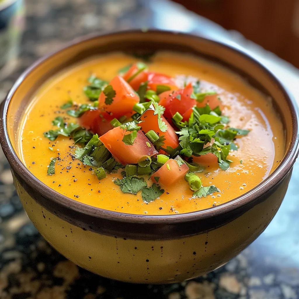 Primer plano de una sopa cremosa de verduras en un tazón.