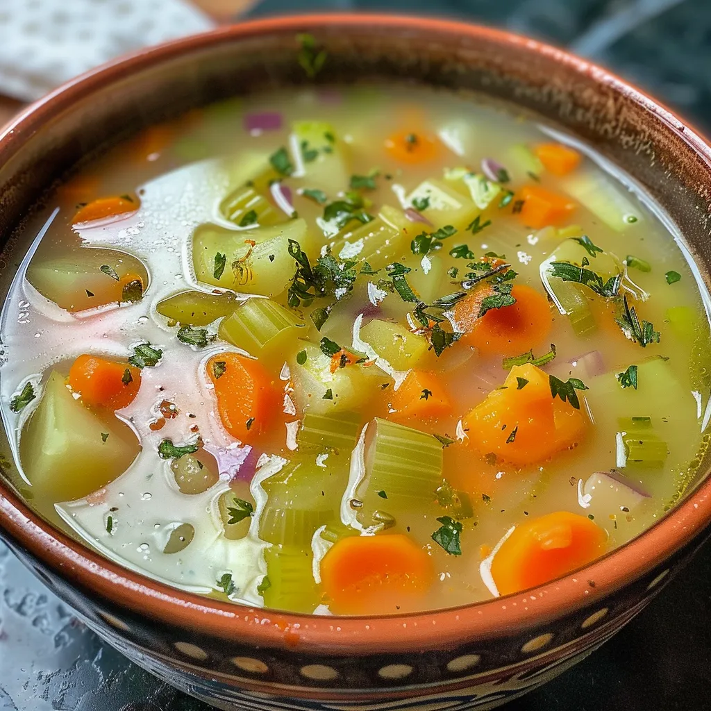 Vista lateral de sopa de verduras con ingredientes frescos al fondo.