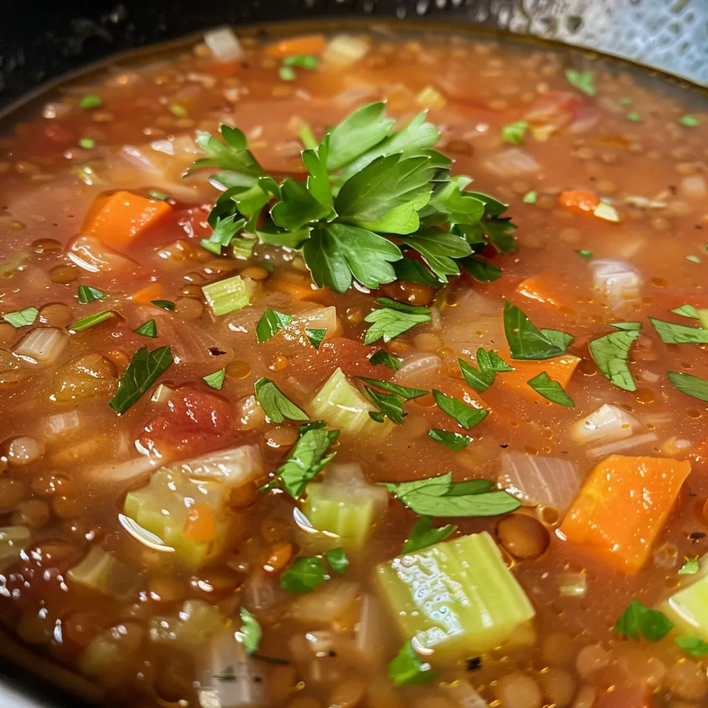 Sopa de lentejas en primer plano, con verduras y especias visibles.