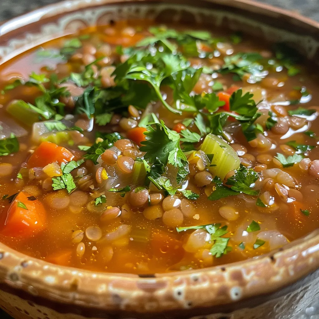 Vista lateral de una sopa de lentejas humeante y apetecible en un tazón.