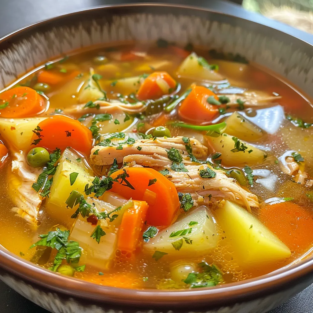 Primer plano de Sopa de Pollo con Verduras, mostrando trozos de pollo y vegetales frescos.