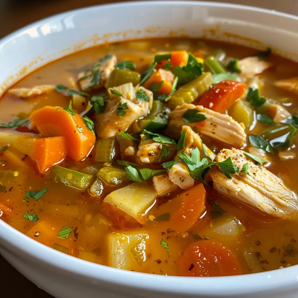 Vista lateral de un cuenco de Sopa de Pollo con Verduras, con ingredientes coloridos en primer plano.