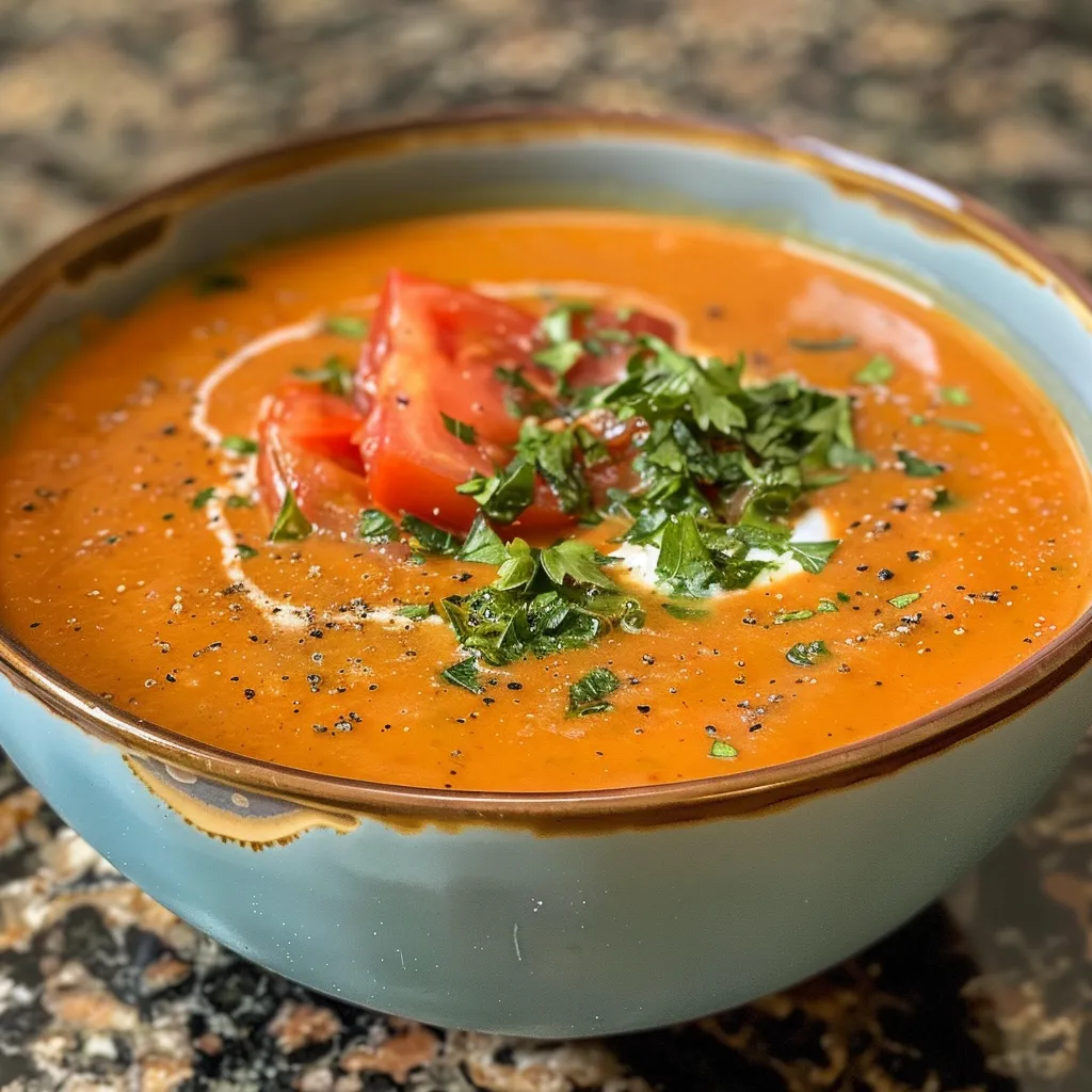 Primer plano de una sopa de tomate cremosa, con ingredientes decorativos alrededor.