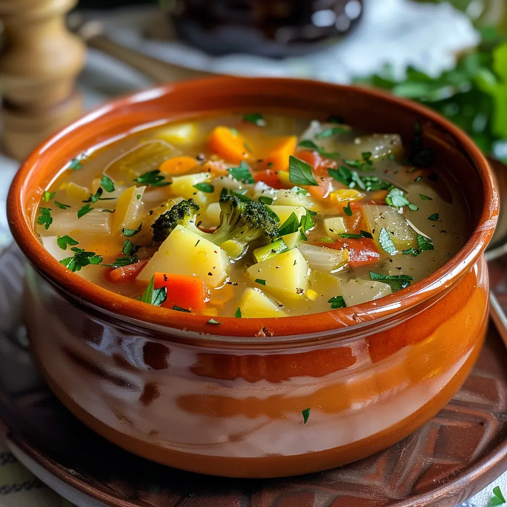 Primer plano de una sopa de vegetales colorida en un tazón.