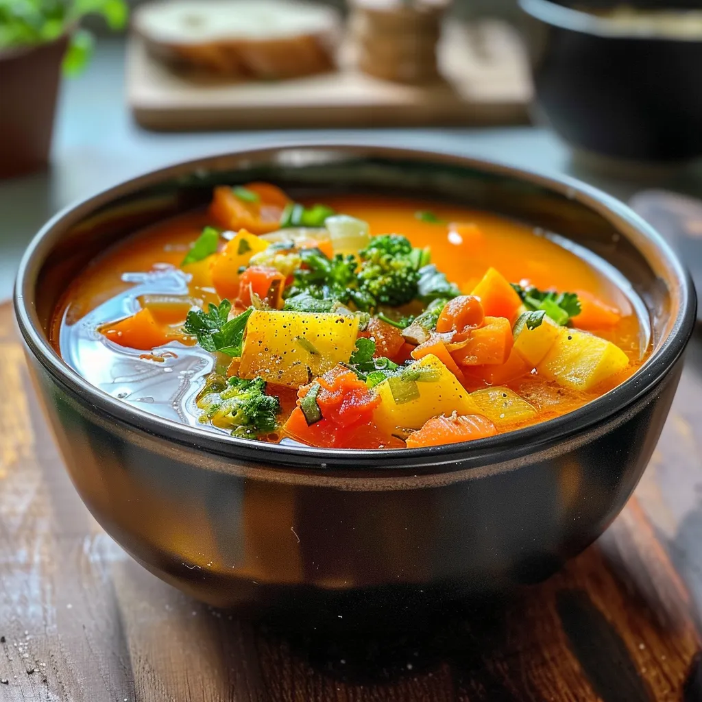 Sopa de vegetales en un plato, mostrando ingredientes frescos.