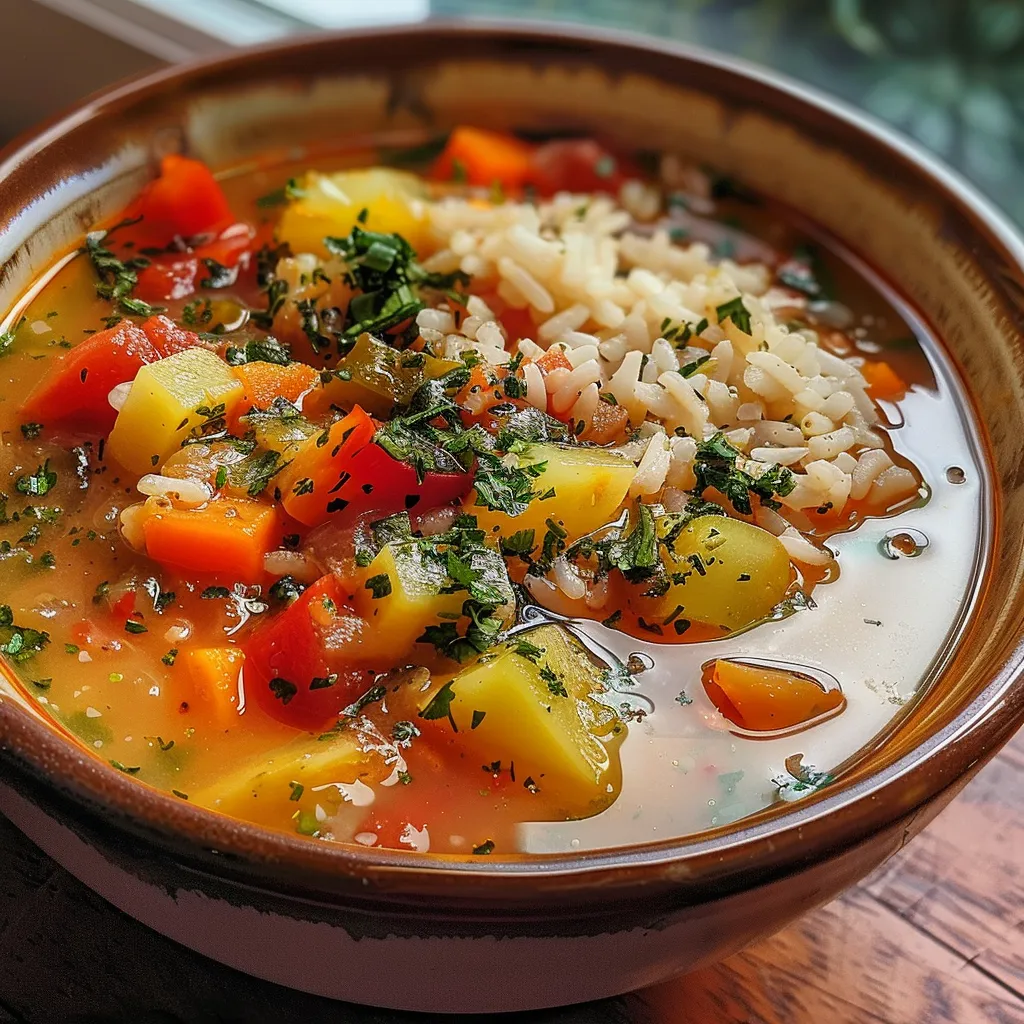 Close up de sopa de verduras con arroz, con ingredientes visibles.
