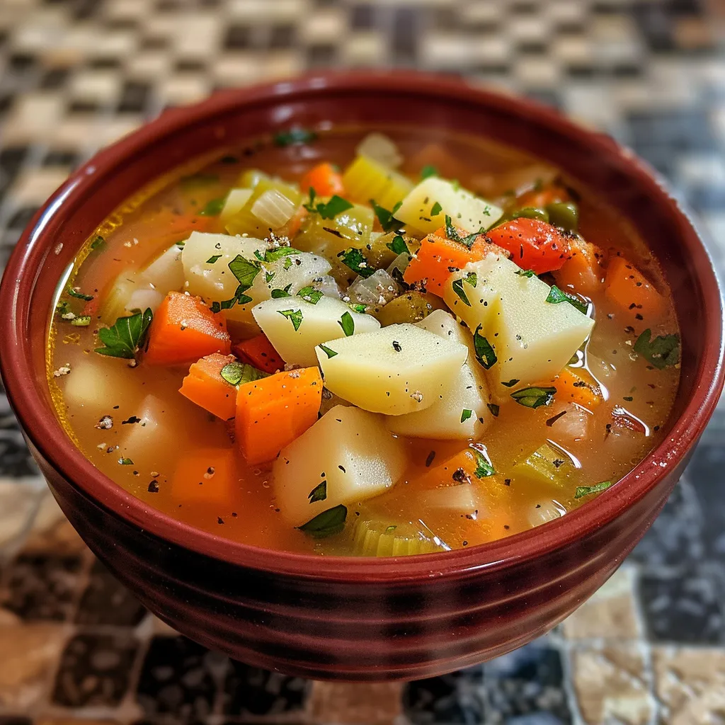 Sopa de verduras tradicional casera en primer plano, mostrando ingredientes frescos.